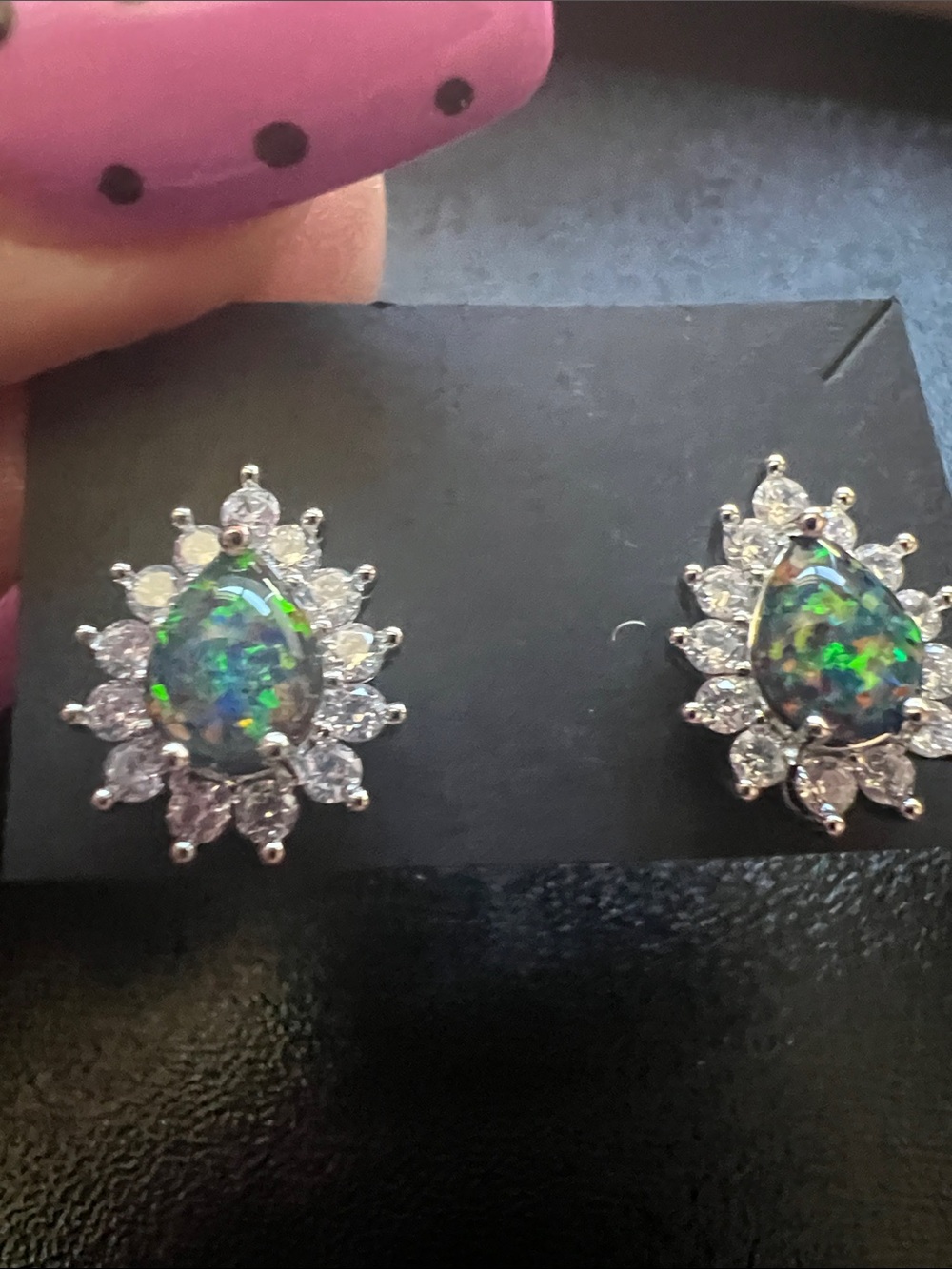 Silver Teardrop Green Opal Halo Stud Earrings